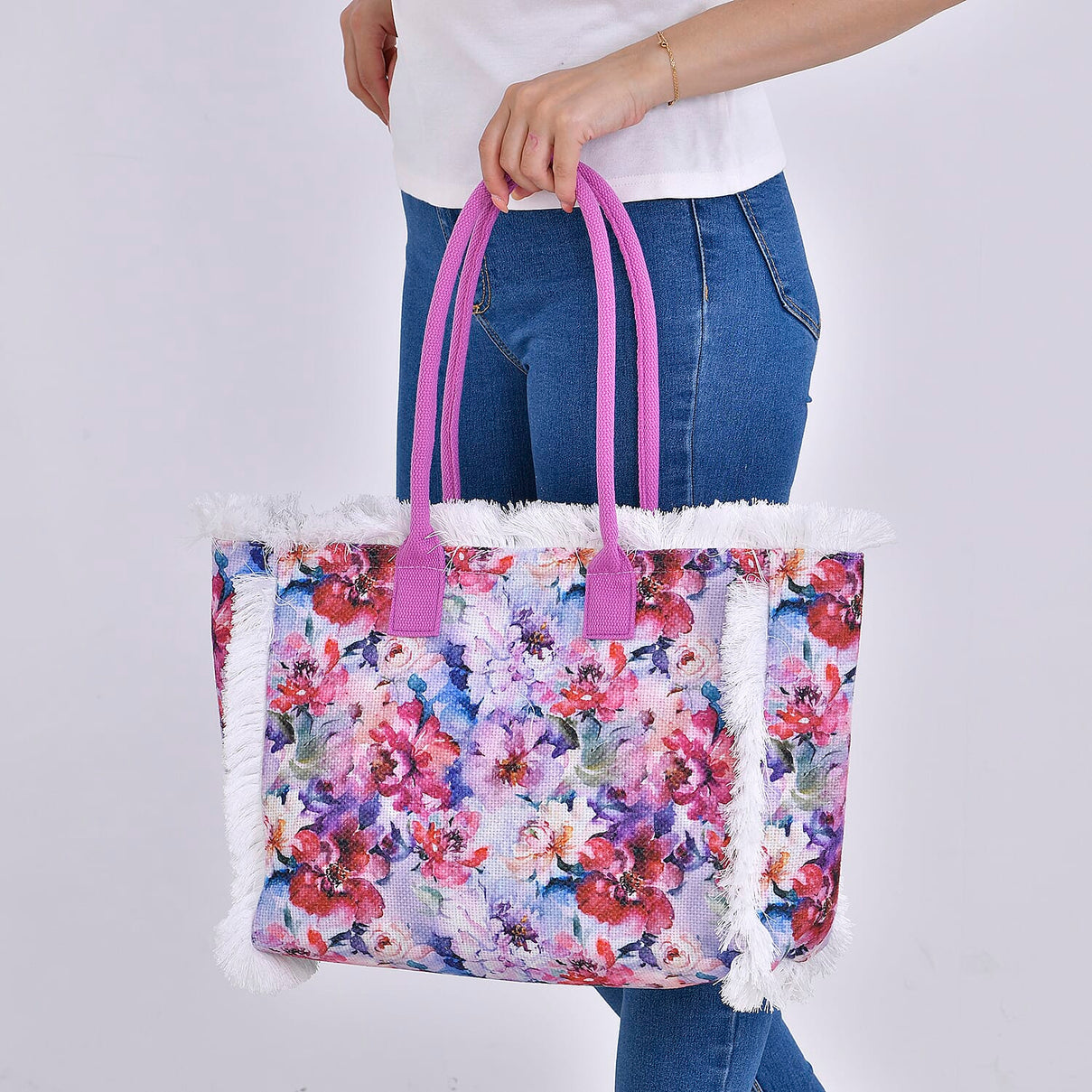 Floral Pattern Fringed Tote Bag with Handle Drop 7726401 2