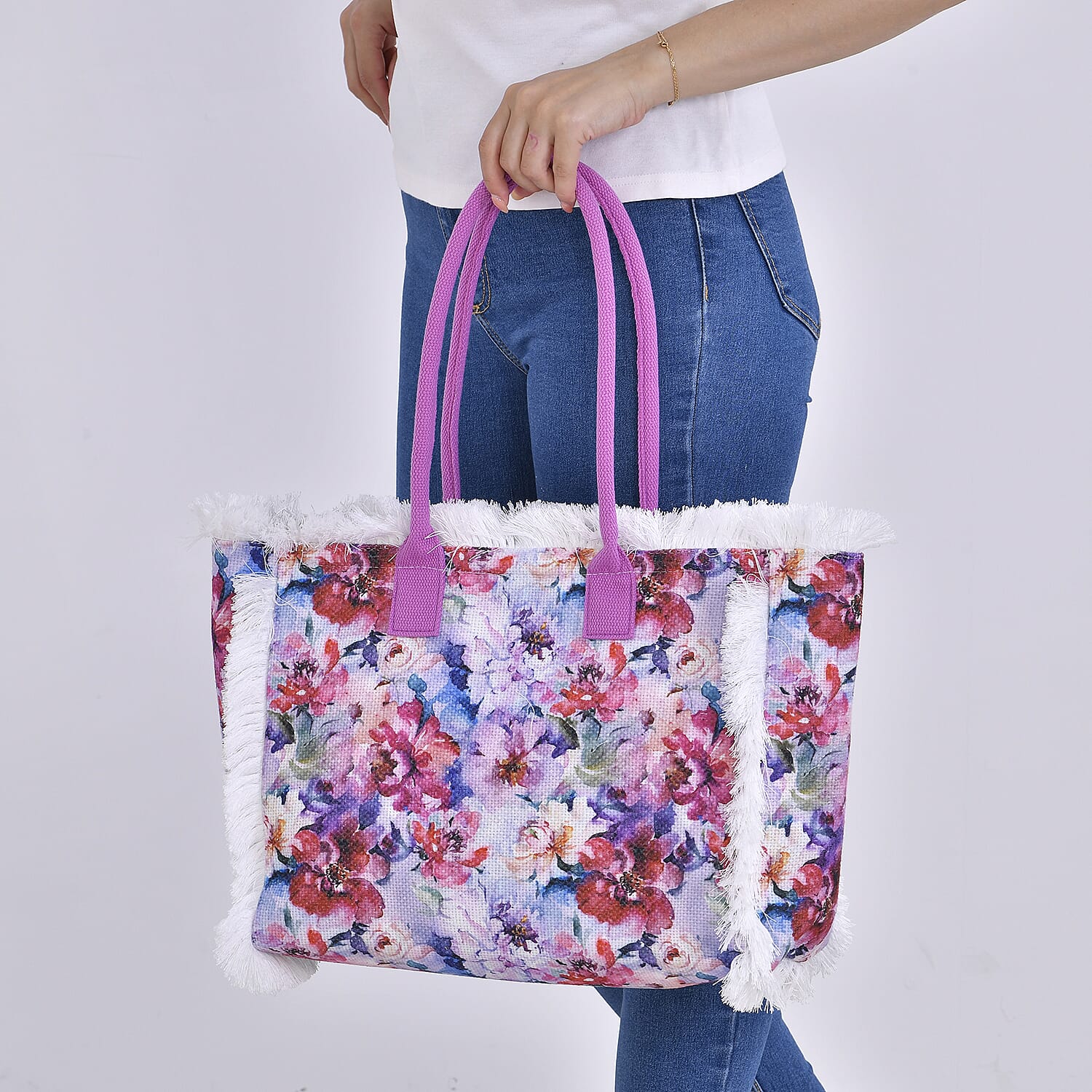 Floral Pattern Fringed Tote Bag with Handle Drop 7726401 2