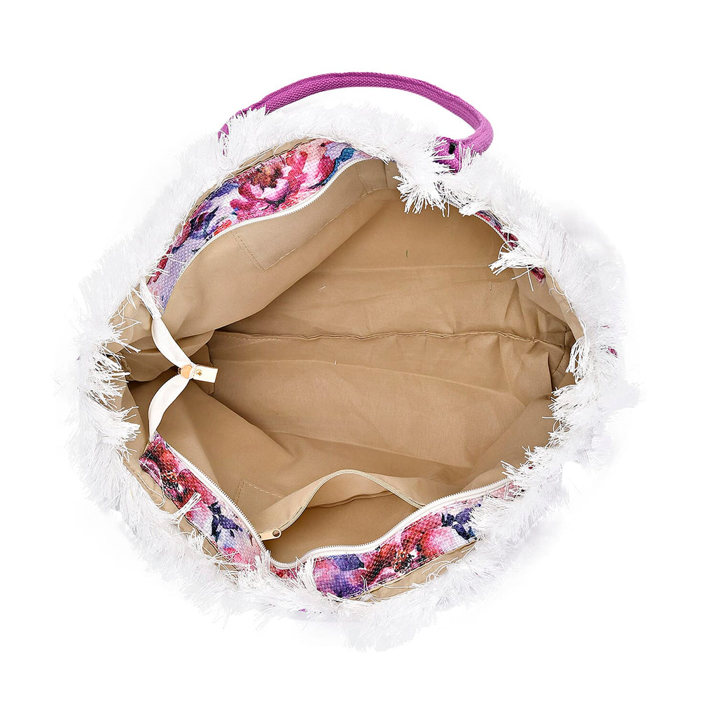 Floral Pattern Fringed Tote Bag with Handle Drop - Purple & Multi