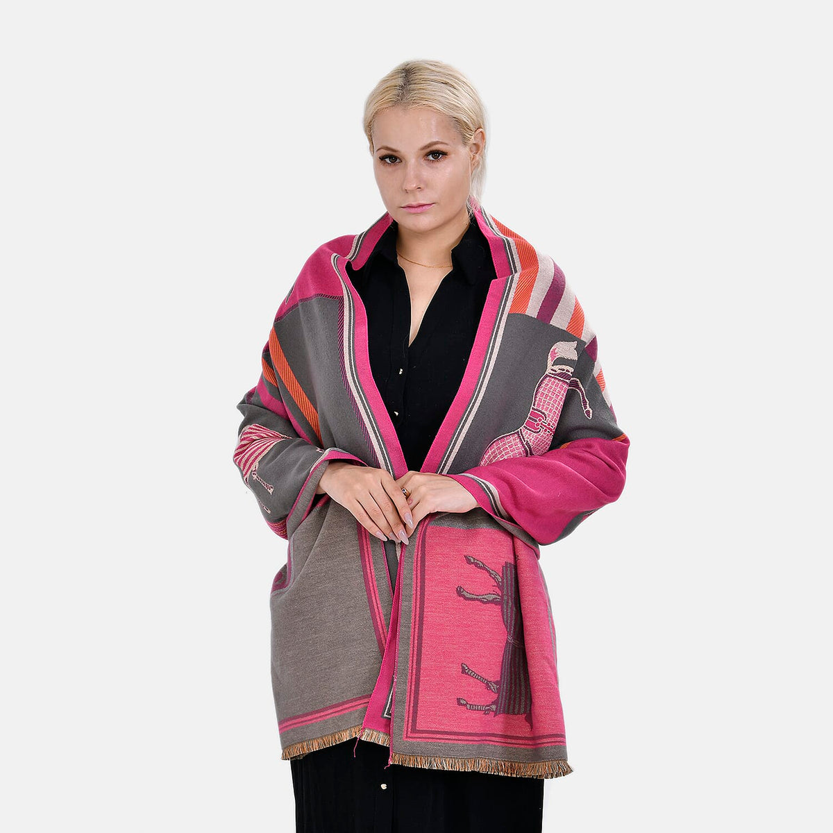 Closeout Deal New Arrival Horse Pattern Jacquard Scarf (Size 185x67 cm) - Fuchsia 7552405 1