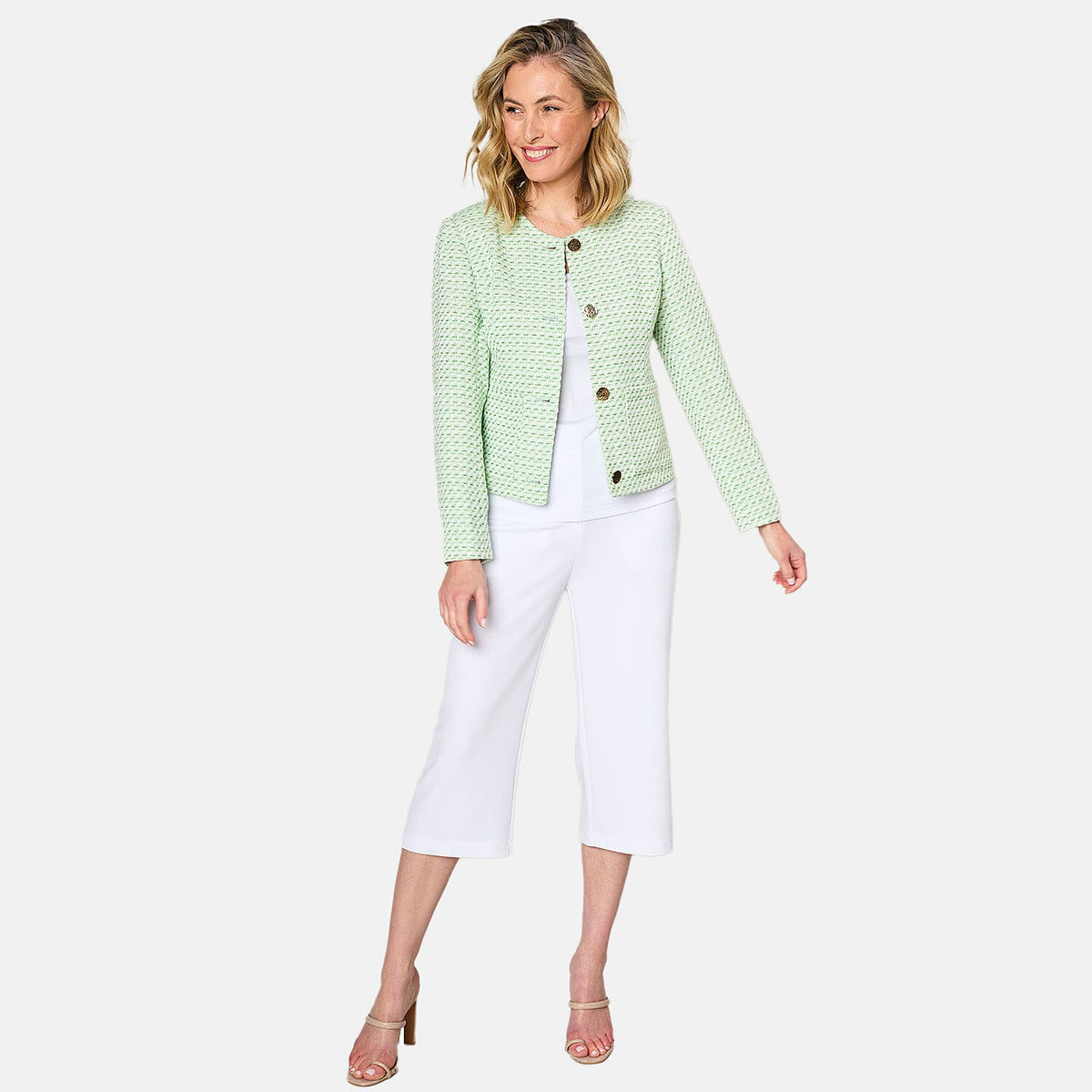 Emreco Collarless Cropped Boucle Jacket (Size 10) - Green 7732727 0