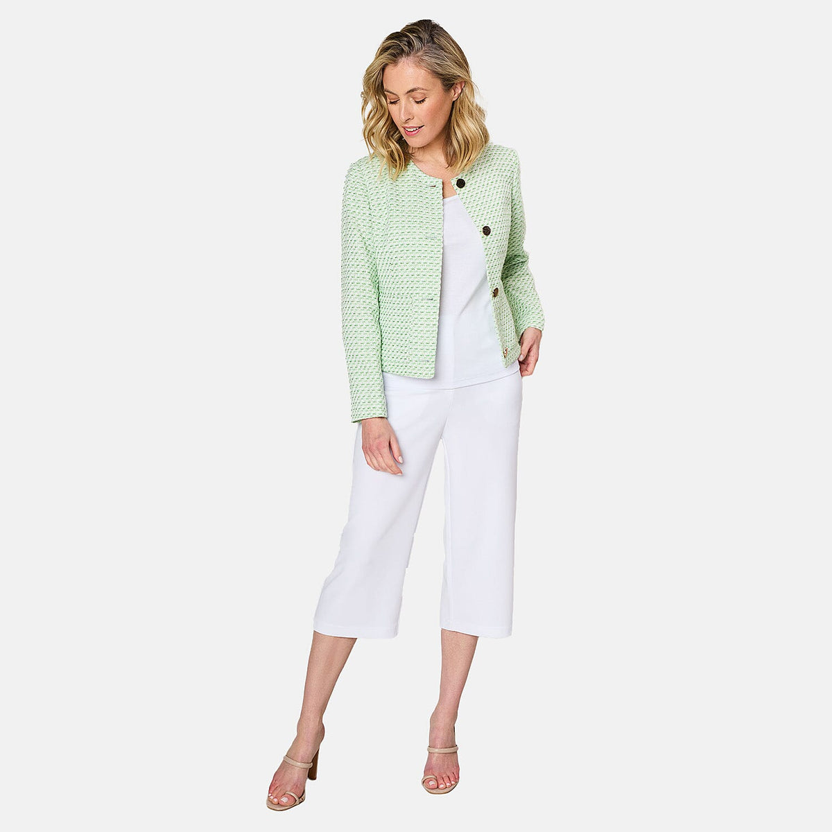 Emreco Collarless Cropped Boucle Jacket (Size 10) - Green 7732727 2