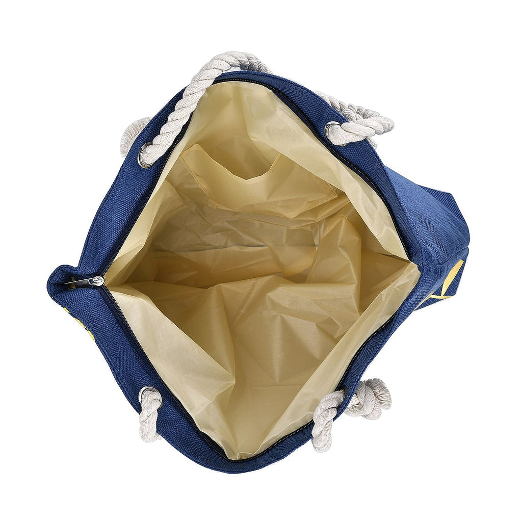Leaves Pattern Tote Bag with Mettalic Glitter Gold - Navy