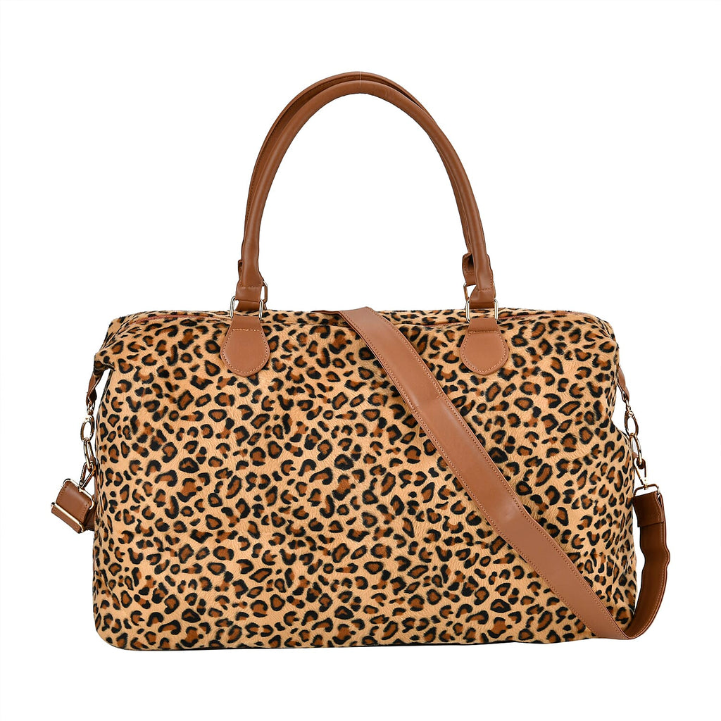 Leopard Printed Travel Bag with Long Strap - Handle Drop - Brown