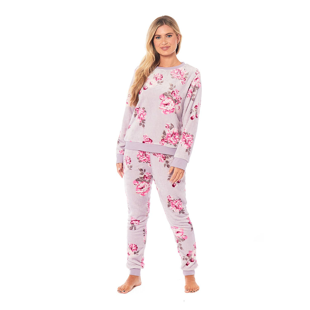 Ladies Floral Printed Flannel Fleece 2 Piece Crew Neck Pyjama Set (Size L) - Lilac