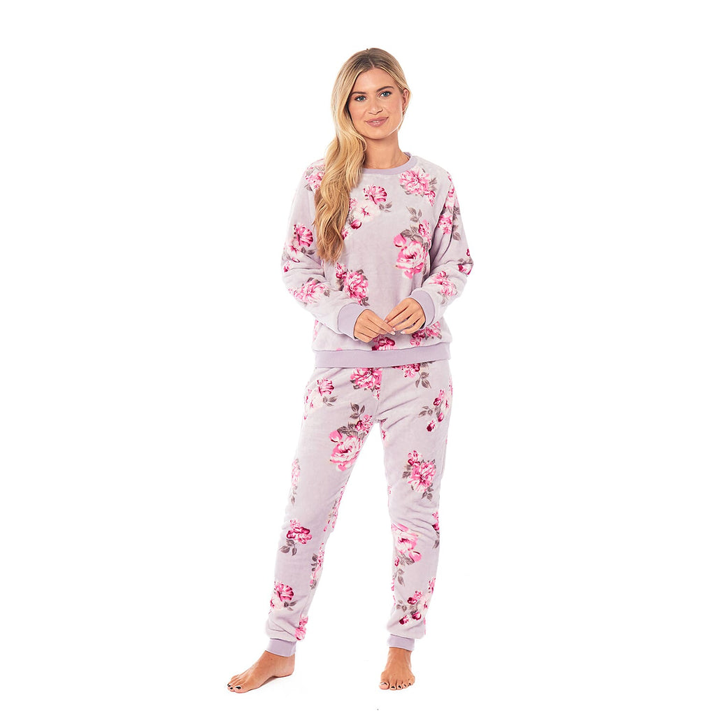 Ladies Floral Printed Flannel Fleece 2 Piece Crew Neck Pyjama Set (Size L) - Lilac