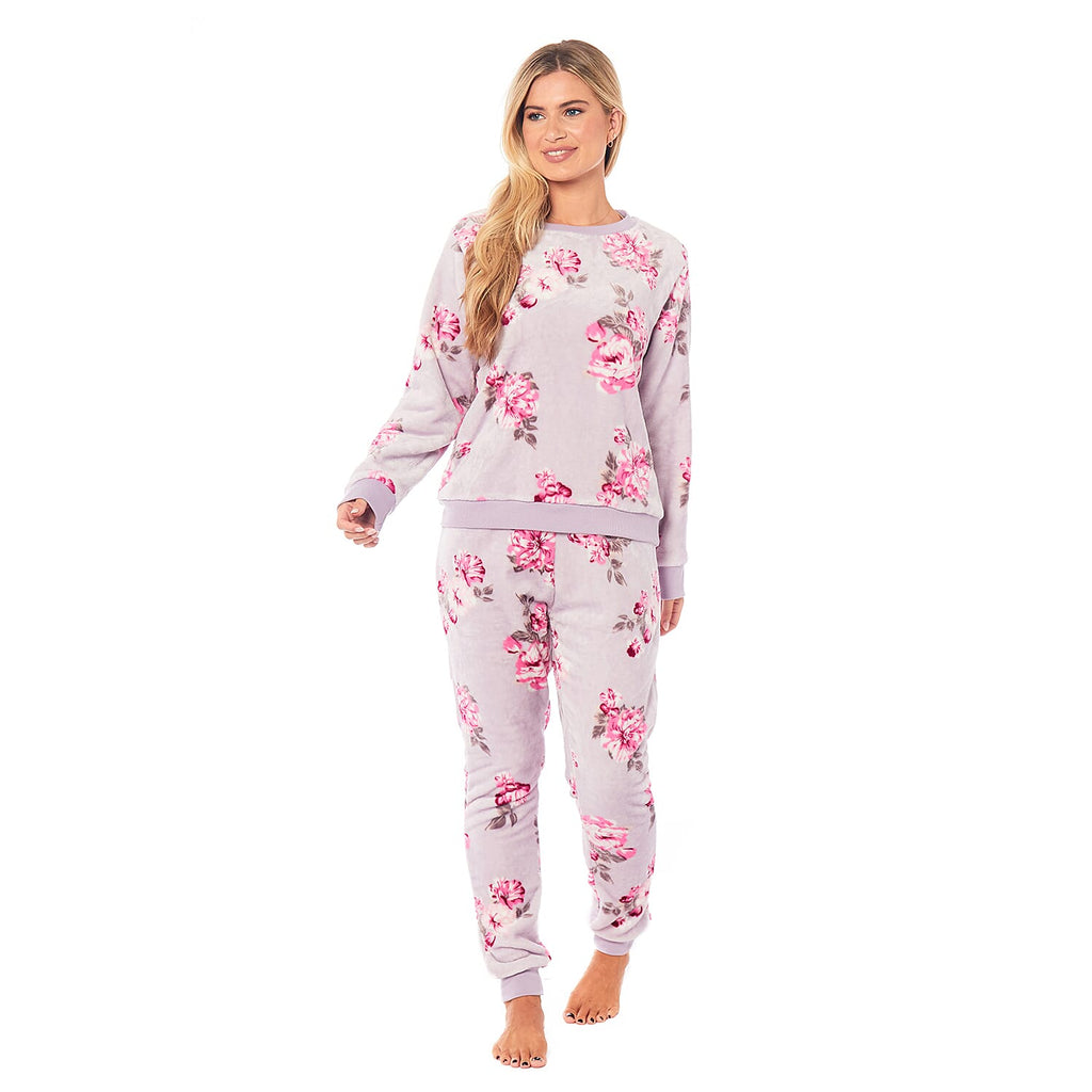 Ladies Floral Printed Flannel Fleece 2 Piece Crew Neck Pyjama Set (Size L) - Lilac