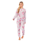 Ladies Floral Printed Flannel Fleece 2 Piece Crew Neck Pyjama Set (Size L) - Lilac