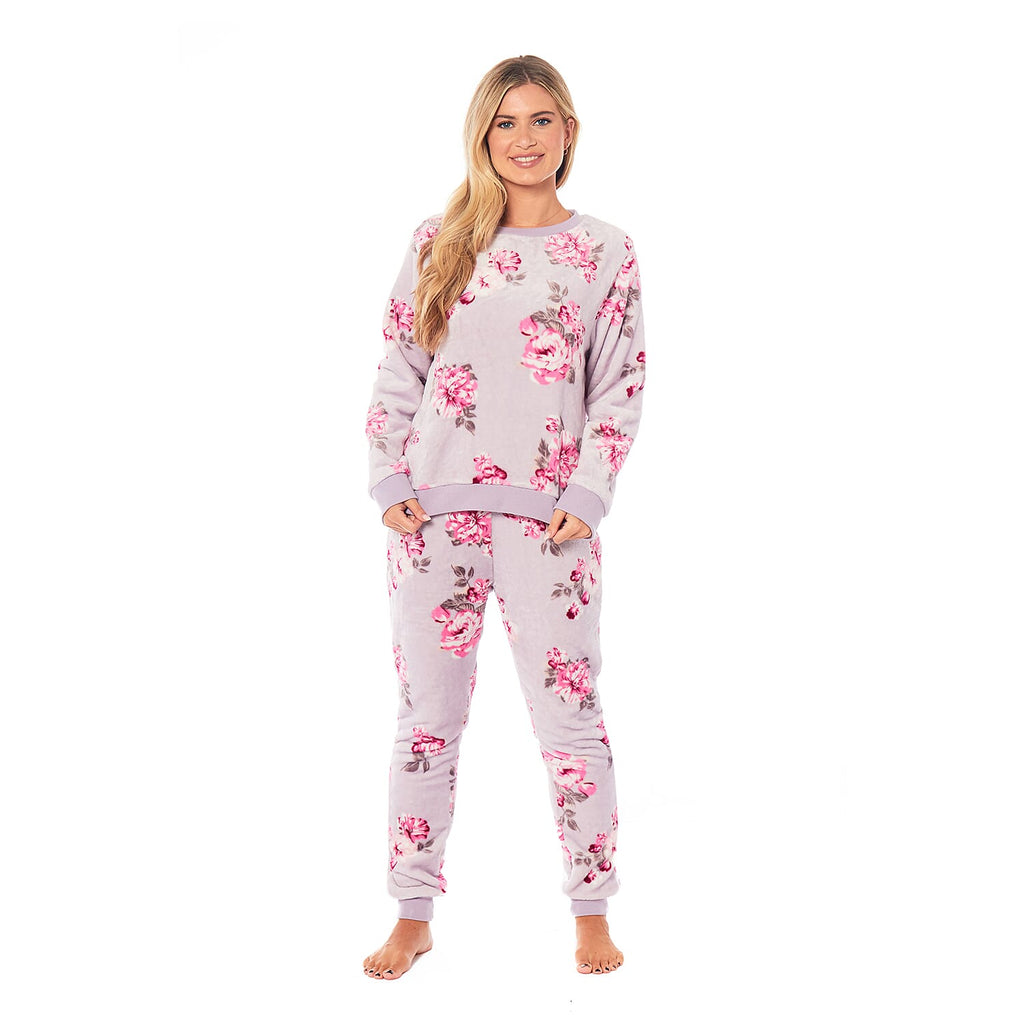 Ladies Floral Printed Flannel Fleece 2 Piece Crew Neck Pyjama Set (Size L) - Lilac