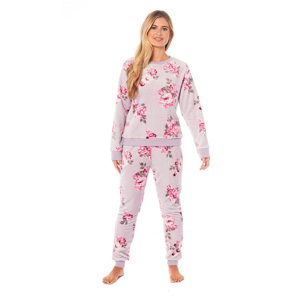 Ladies Floral Printed Flannel Fleece 2 Piece Crew Neck Pyjama Set (Size L) - Lilac