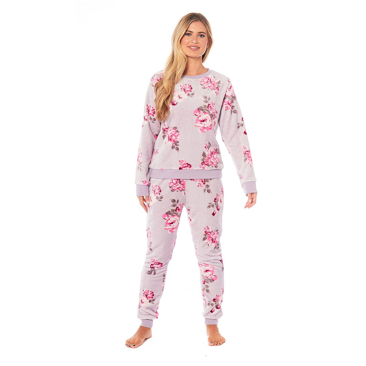 Ladies Floral Printed Flannel Fleece 2 Piece Crew Neck Pyjama Set (Size L) - Lilac 7721526 4