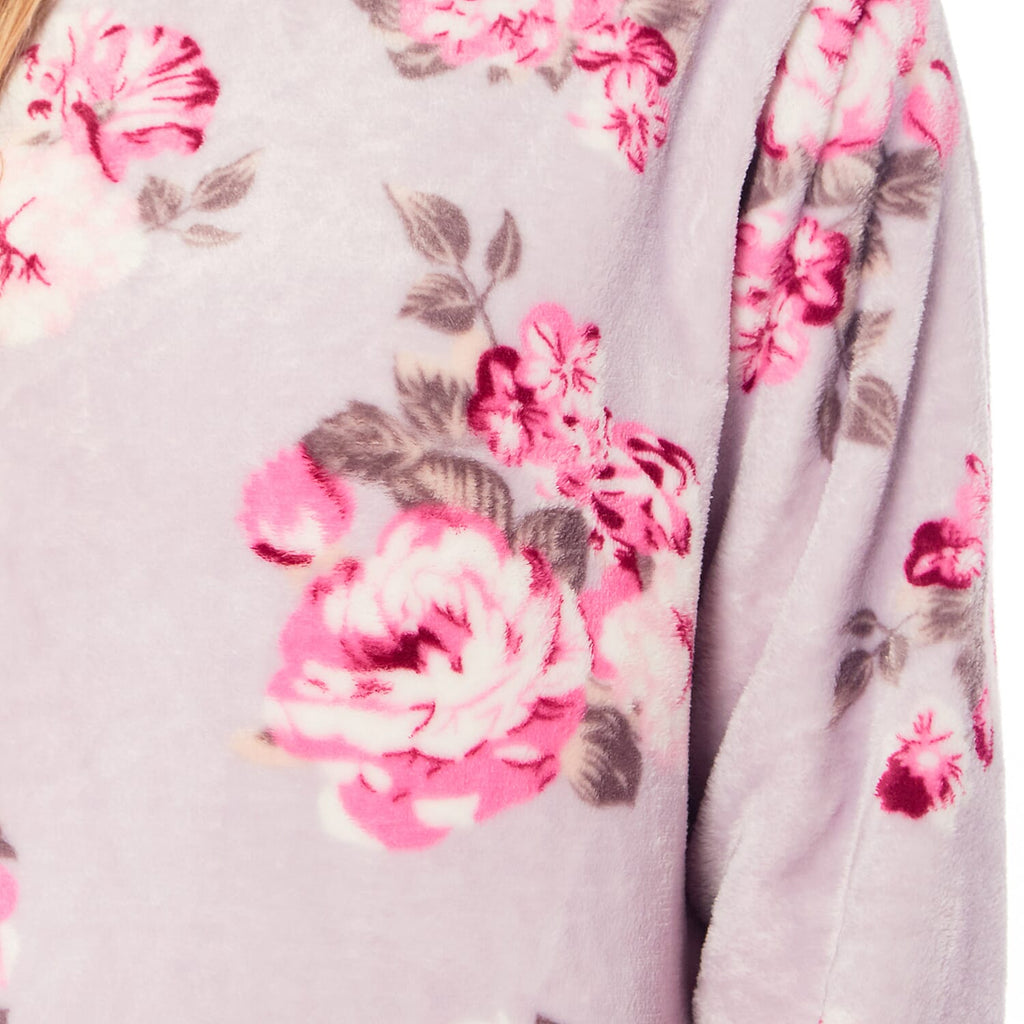 Ladies Floral Printed Flannel Fleece 2 Piece Crew Neck Pyjama Set (Size L) - Lilac