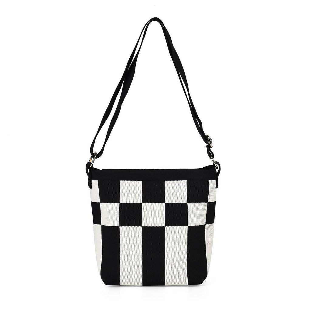 Check Pattern Crossbody Bag with Shoulder Strap (120cm) - Black & White