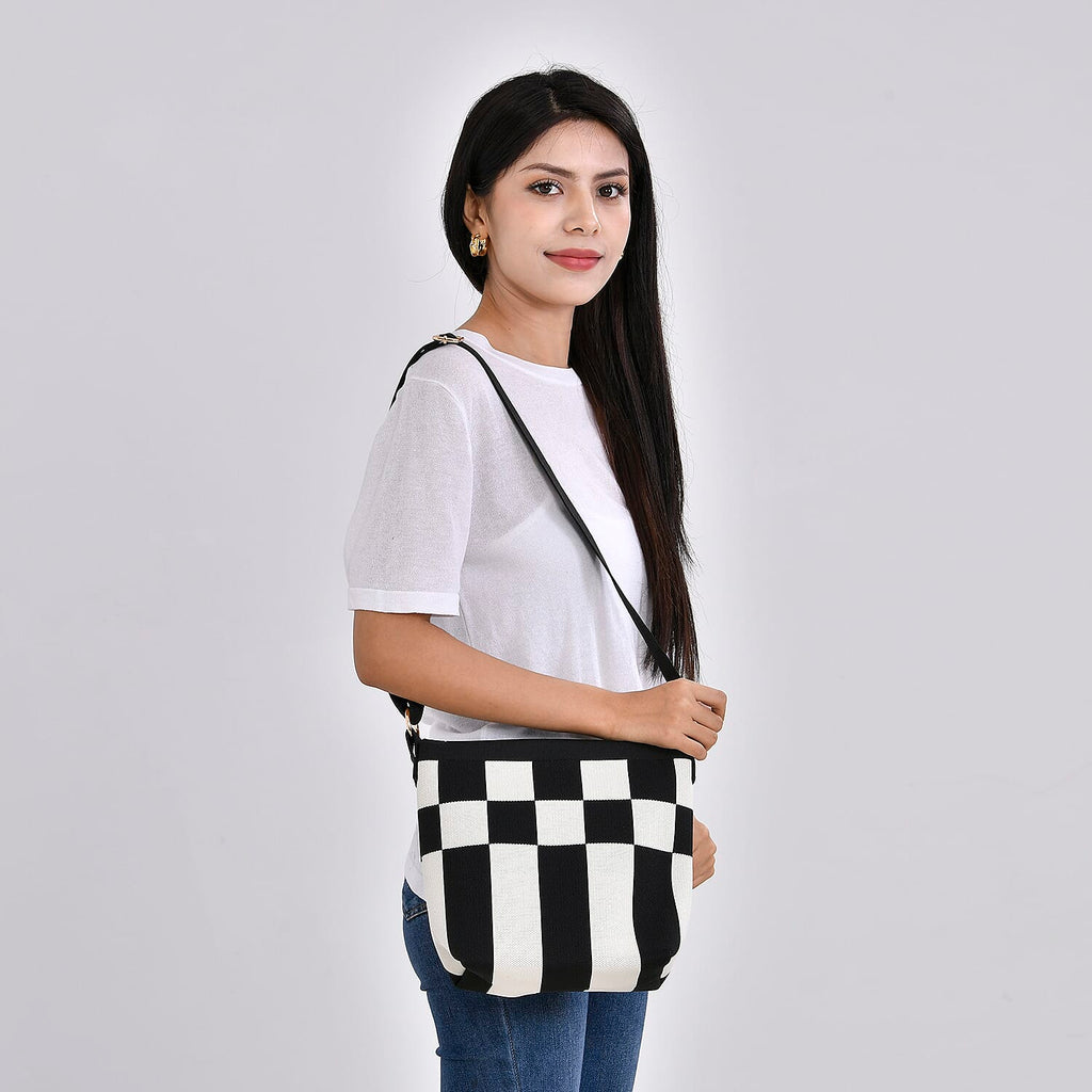 Check Pattern Crossbody Bag with Shoulder Strap (120cm) - Black & White