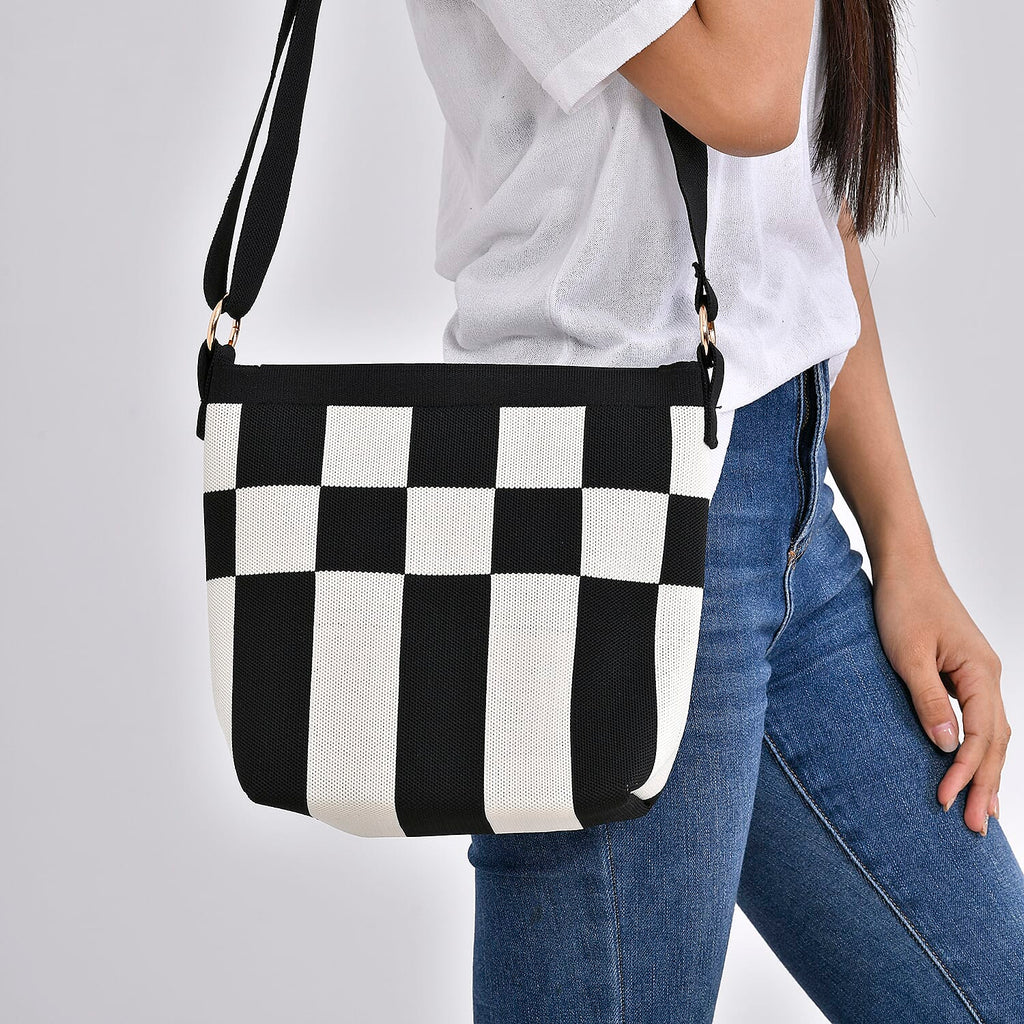 Check Pattern Crossbody Bag with Shoulder Strap (120cm) - Black & White
