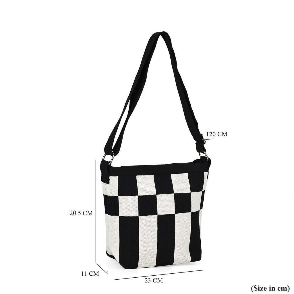 Check Pattern Crossbody Bag with Shoulder Strap (120cm) - Black & White
