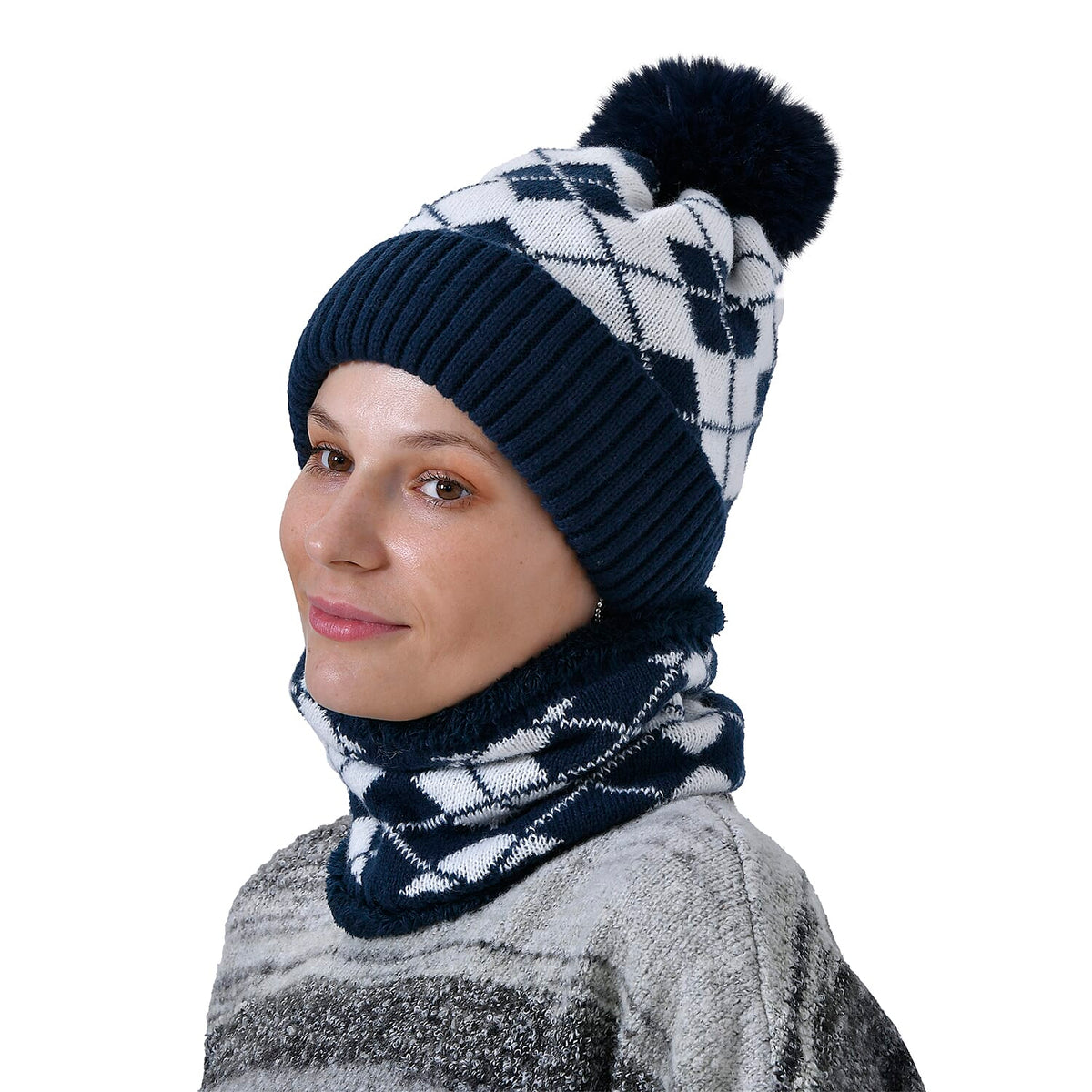 Plush Lined Pom Beanie Hat with Scarf Set - Navy 7849935 4