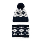 Plush Lined Pom Beanie Hat with Scarf Set - Navy