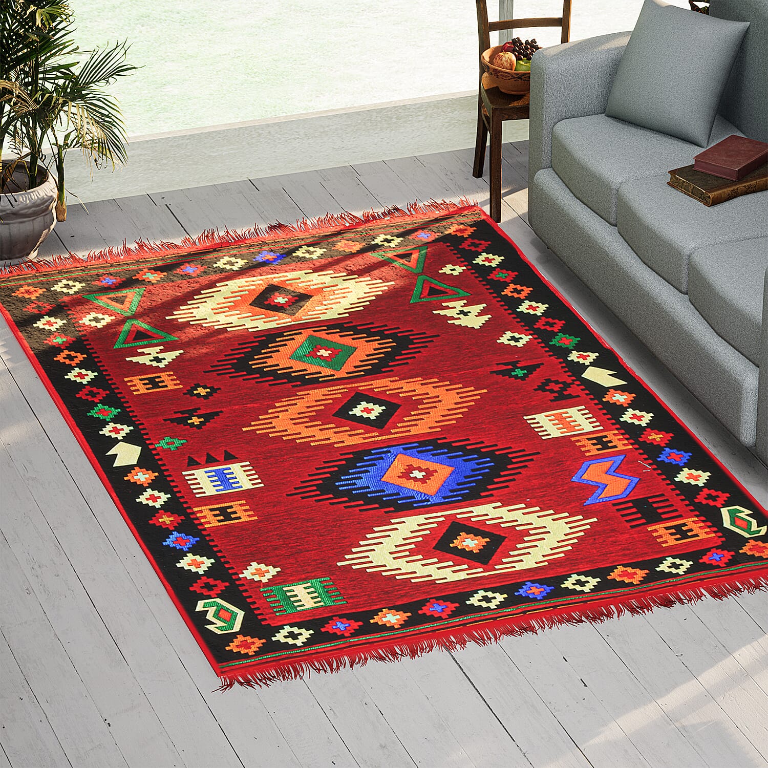 Reversible Turkish Authentic Traditional Kilim Rug (Size 170x120 cm) - Red &amp; Black 7279024 0