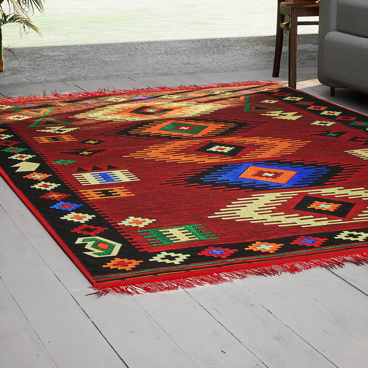 Reversible Turkish Authentic Traditional Kilim Rug (Size 170x120 cm) - Red &amp; Black 7279024 2
