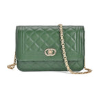 Designer Inspired -  Genuine Leather Quilted Diamond Pattern Shoulder Bag with Panther Link Strap - Dark Green