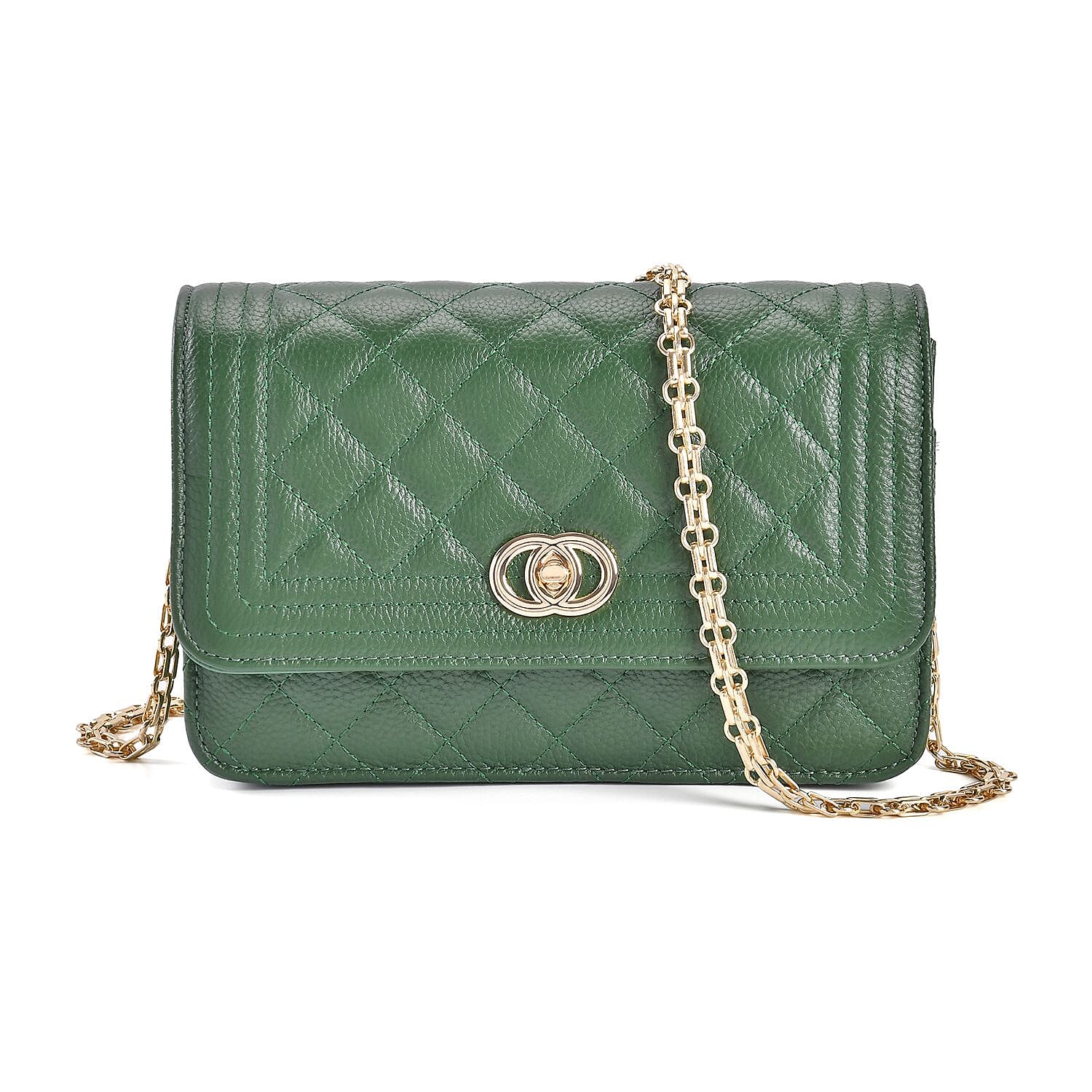 Genuine Leather Quilted Diamond Pattern Shoulder Bag with Panther Link Strap - Dark Green 7486679 0
