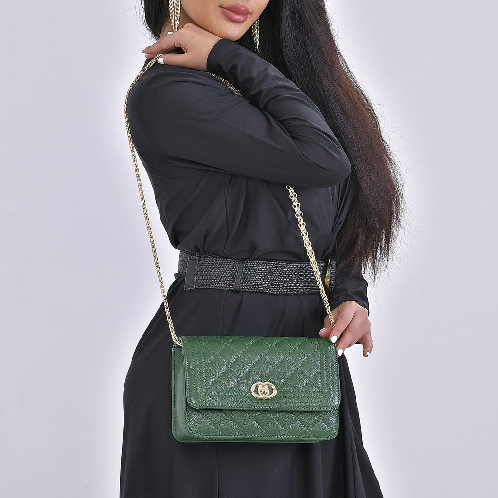 Designer Inspired -  Genuine Leather Quilted Diamond Pattern Shoulder Bag with Panther Link Strap - Dark Green