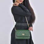 Designer Inspired -  Genuine Leather Quilted Diamond Pattern Shoulder Bag with Panther Link Strap - Dark Green