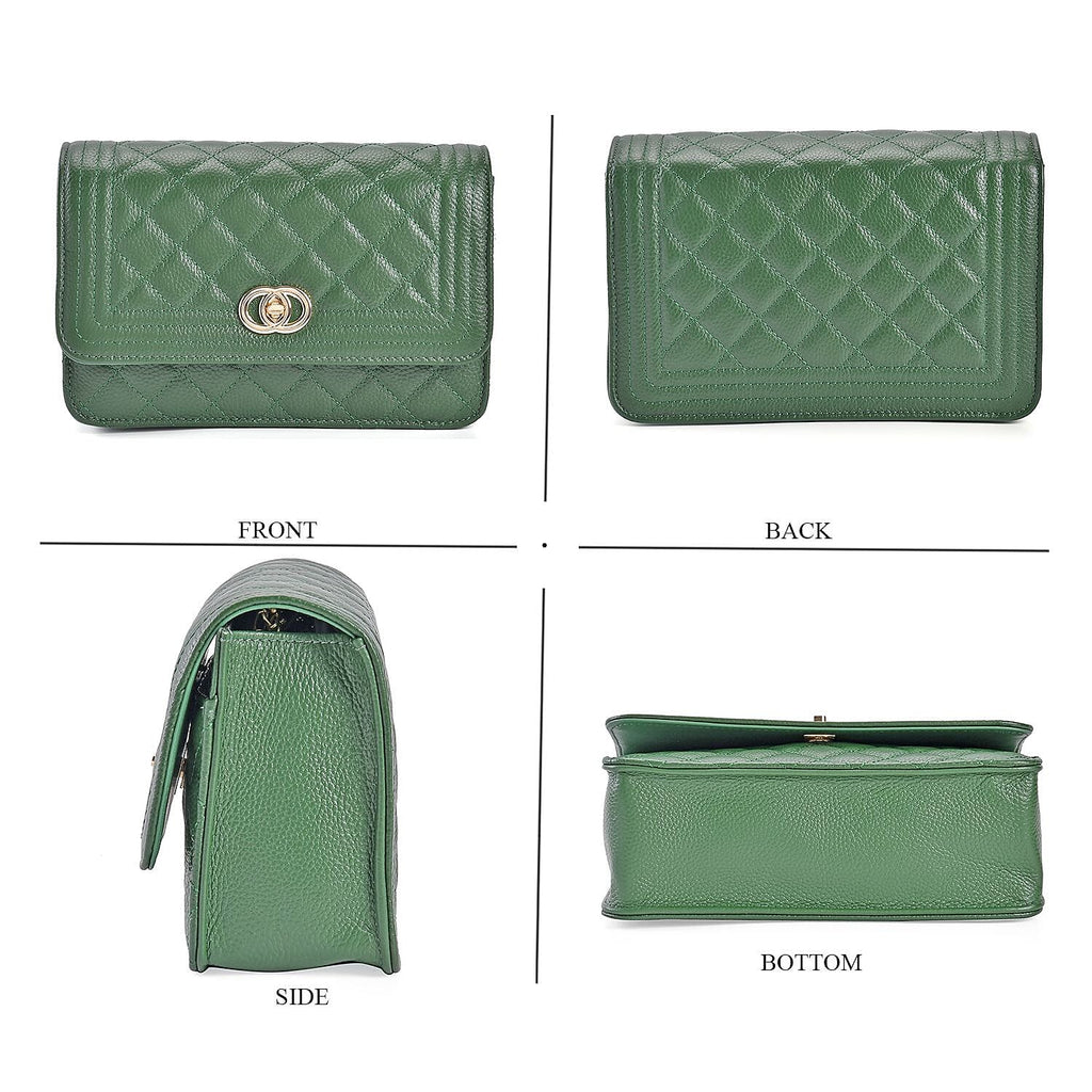 Designer Inspired -  Genuine Leather Quilted Diamond Pattern Shoulder Bag with Panther Link Strap - Dark Green
