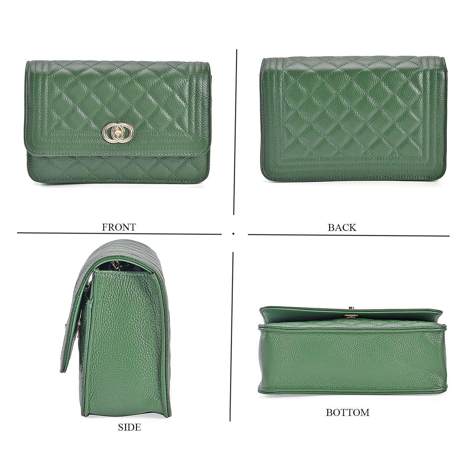 Genuine Leather Quilted Diamond Pattern Shoulder Bag with Panther Link Strap - Dark Green 7486679 2