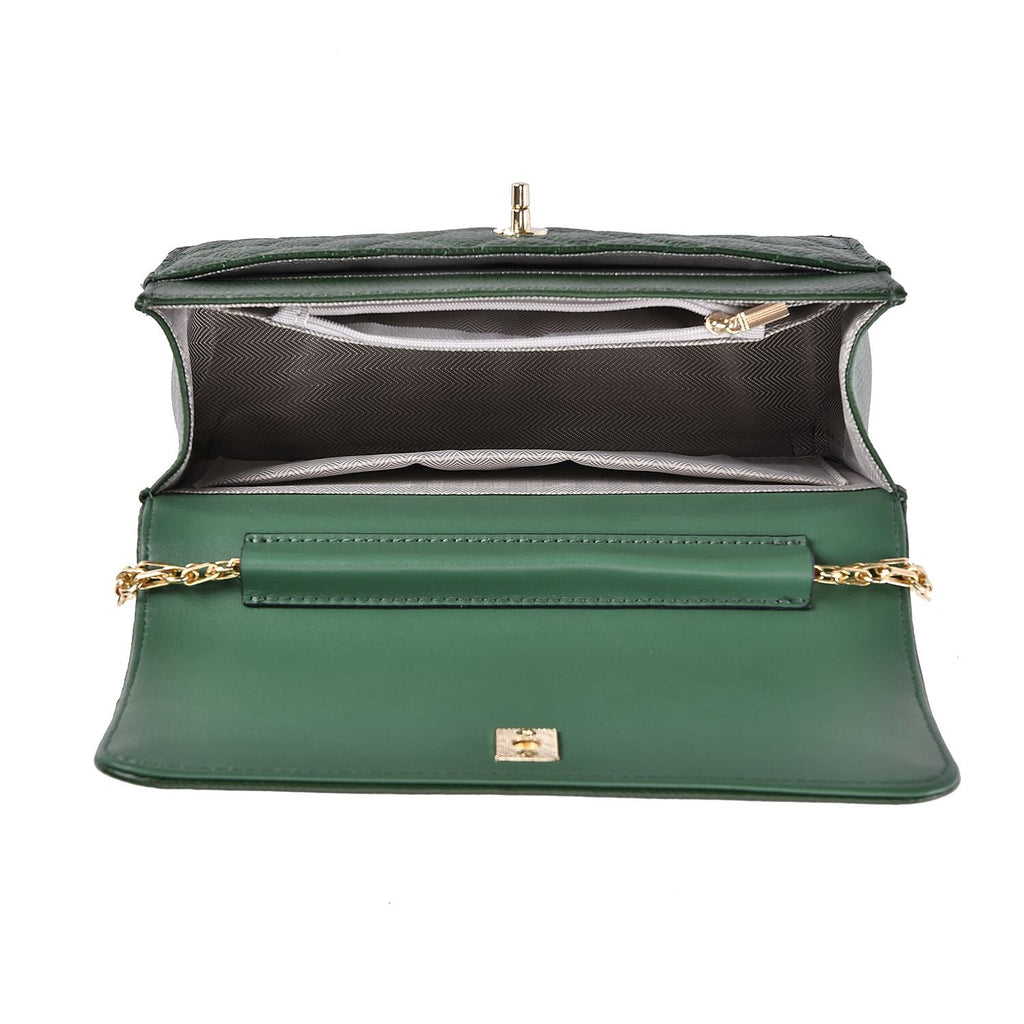 Designer Inspired -  Genuine Leather Quilted Diamond Pattern Shoulder Bag with Panther Link Strap - Dark Green