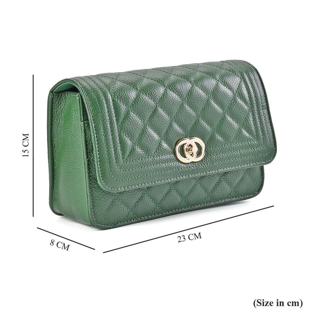 Designer Inspired -  Genuine Leather Quilted Diamond Pattern Shoulder Bag with Panther Link Strap - Dark Green