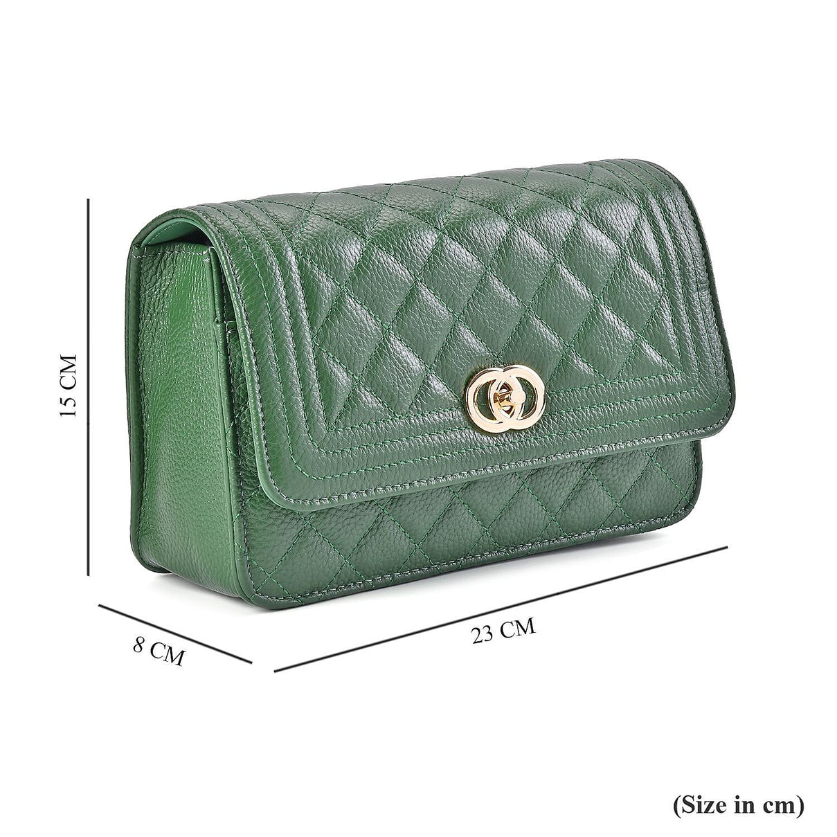 Genuine Leather Quilted Diamond Pattern Shoulder Bag with Panther Link Strap - Dark Green 7486679 5