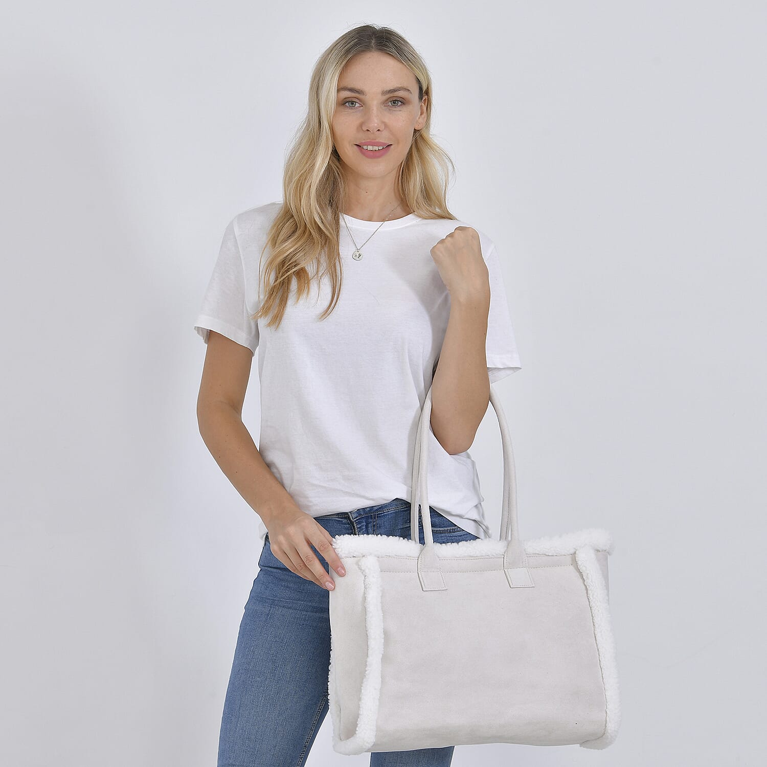 Faux Fur Plush Tote Bag with Handle Drop - Off White 7849648 2