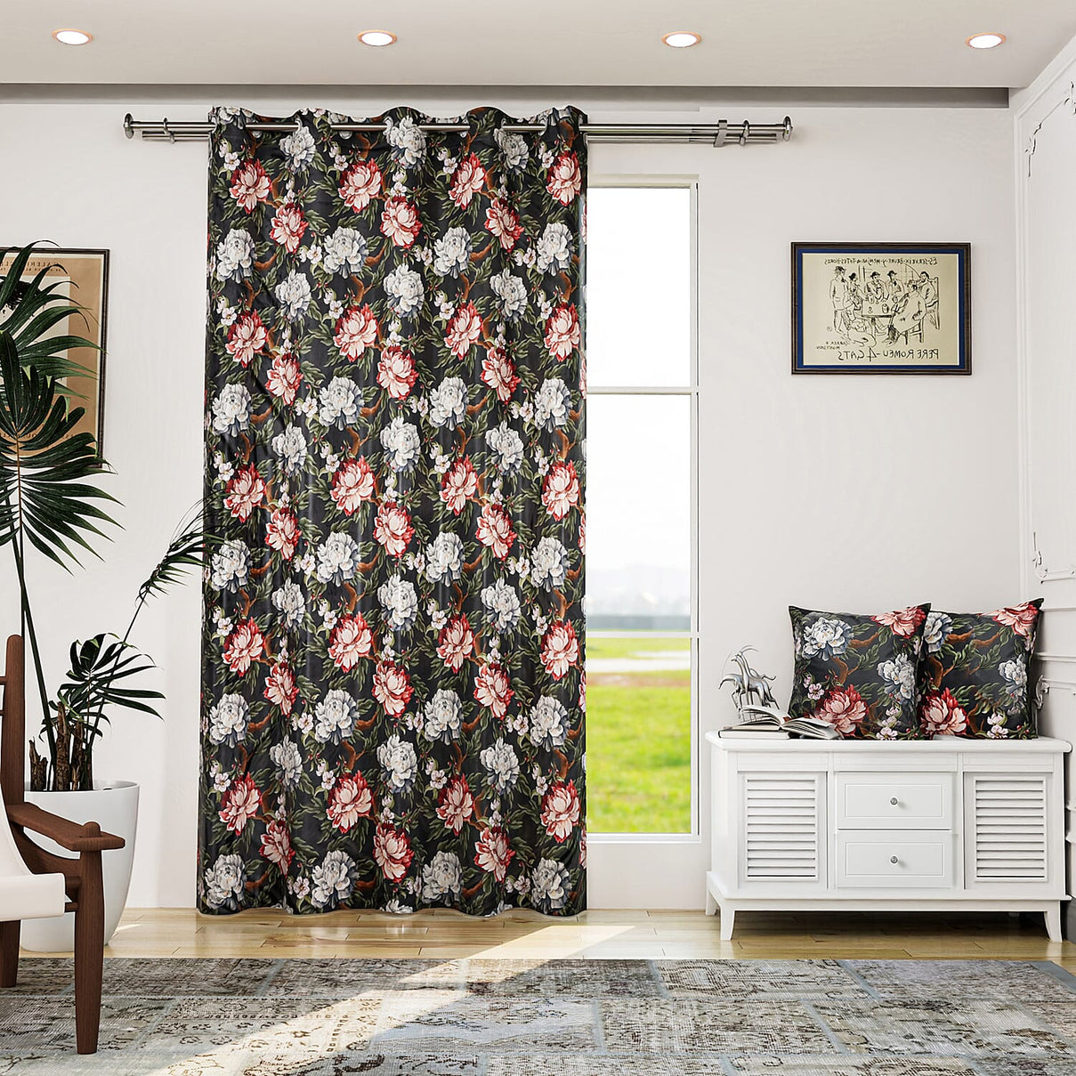 Set of 2 Floral Printed Curtains and Cushion Covers 7782684 0