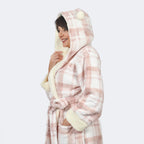 Luxury Range - Check Pattern Sherpa Trim Hooded Robe with Belt (Size 12-14) - Pink