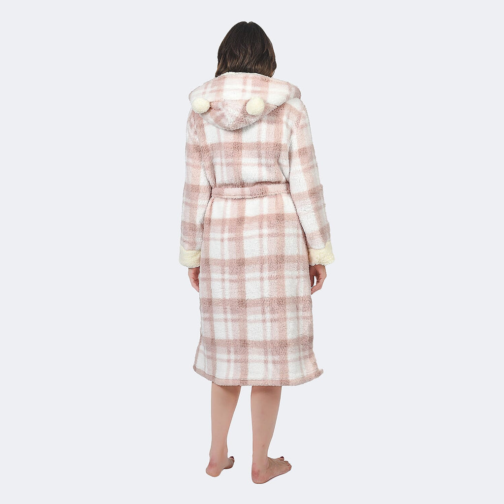 Luxury Range - Check Pattern Sherpa Trim Hooded Robe with Belt (Size 12-14) - Pink