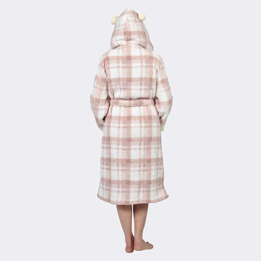 Luxury Range - Check Pattern Sherpa Trim Hooded Robe with Belt (Size 12-14) - Pink
