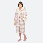 Luxury Range - Check Pattern Sherpa Trim Hooded Robe with Belt (Size 12-14) - Pink