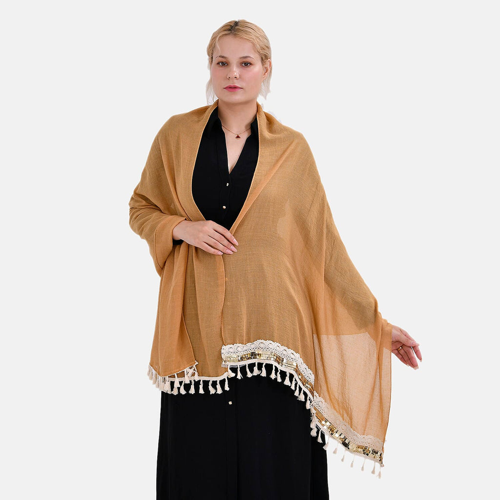 Closeout Deal - Scarf with Fringes and Beads - Ochre