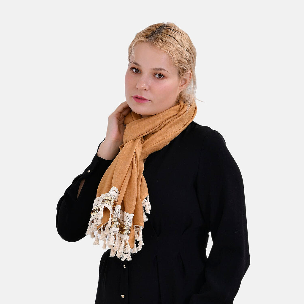 Closeout Deal - Scarf with Fringes and Beads - Ochre