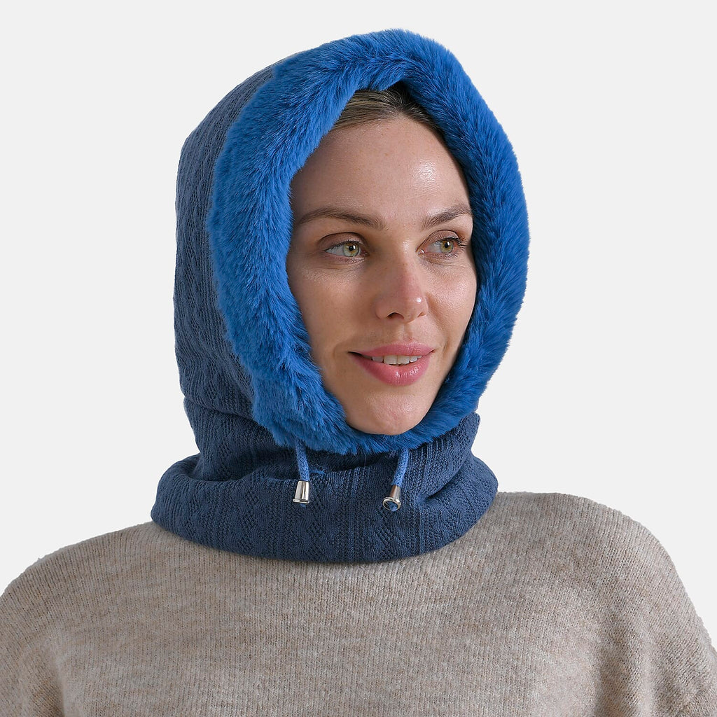 3-in-1 Cosy Warm Plush Faux Fur Sherpa Lined Winter Hat Scarf  - Navy