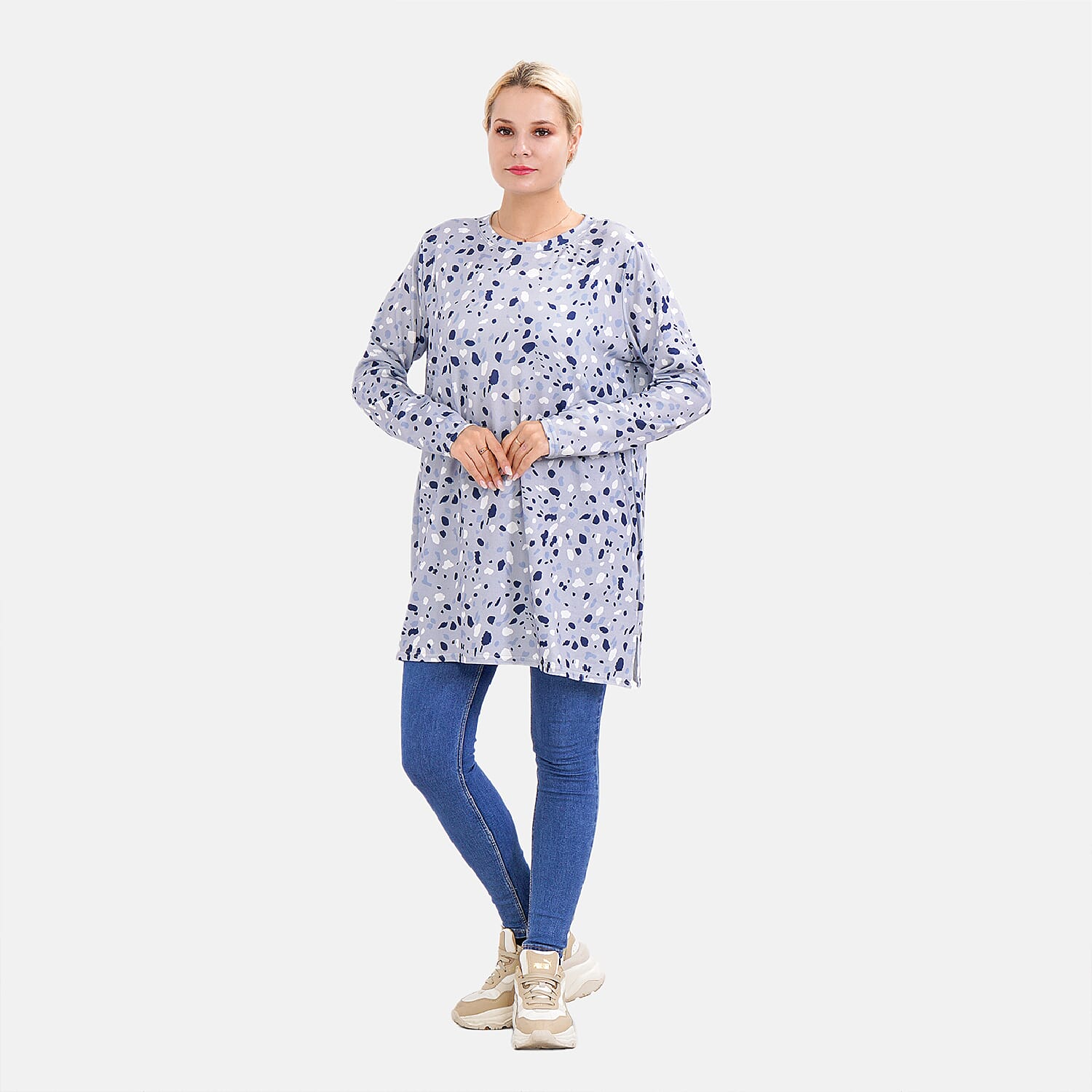 LA MAREY Spot Pattern Jersey Top (One Size Upto UK 20) - Grey 7664198 0