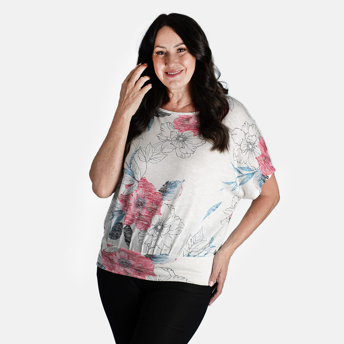 Closeout Deal Batwing Printed Top (Size 10) - Cerise V32612538 0