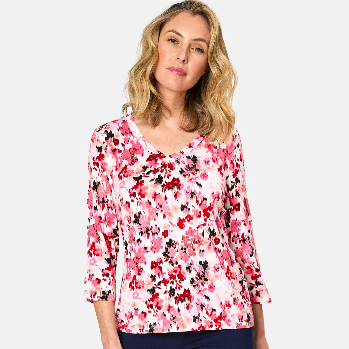 Emreco 3-4 Sleeve V Neck Floral Print Top (Size 10) - Pink &amp; Multi 7732751 0