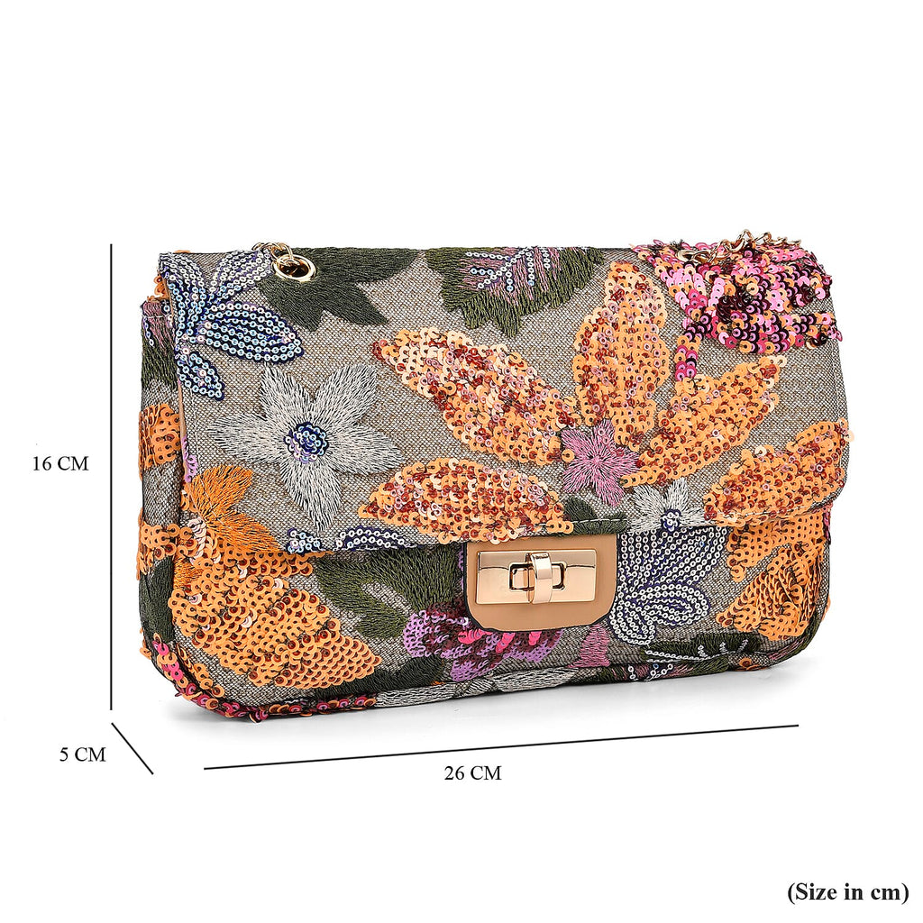 Sequin floral embroidery crossbody bag - Orange