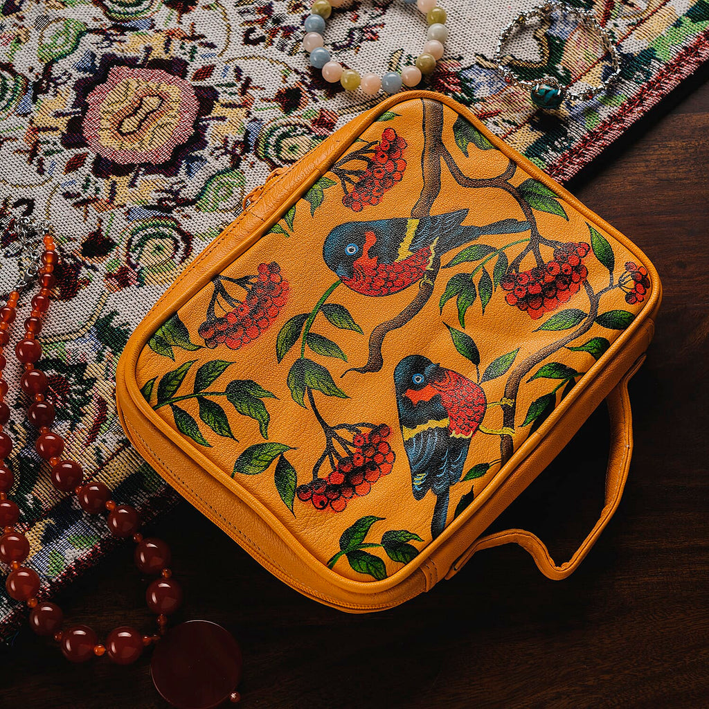 Portable Hand Painted Rainbow Lorikeet Theme Genuine Leather Jewellery Organiser - Orange