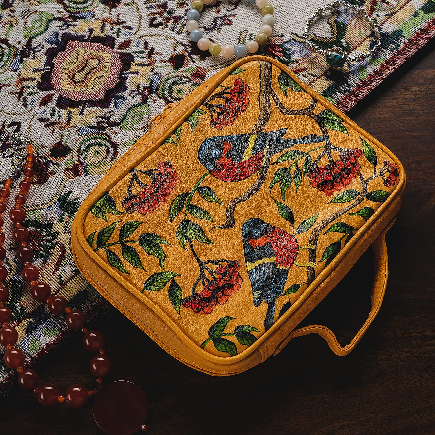 Portable Hand Printed Lorikeet Theme Jewellery Organiser Jewellery Storage for Necklace, Earrings, Bracelets, Watches and Accessories for Women's and Girls - Yellow 6295159 2