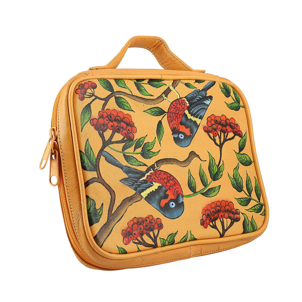 Portable Hand Painted Rainbow Lorikeet Theme Genuine Leather Jewellery Organiser - Orange