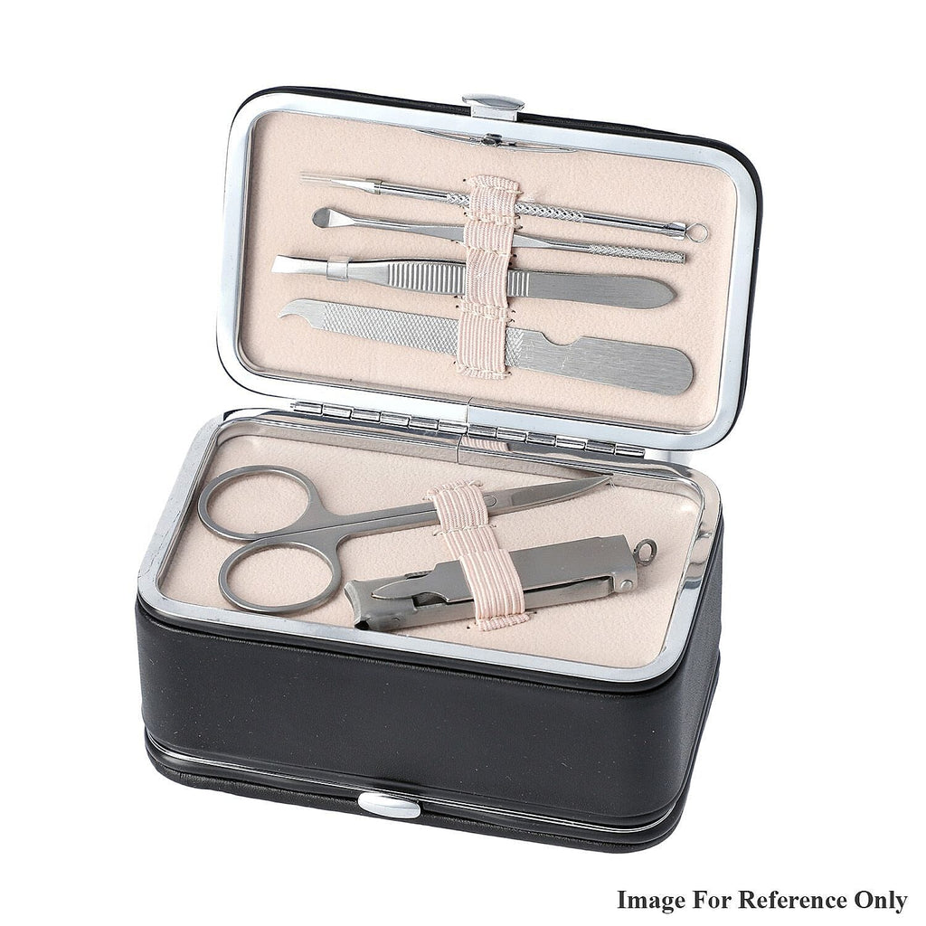 2 in 1 - Six Piece Manicure Set and Travel Jewellery Organiser with Inside Mirror (Size 12x6x6cm) - Black